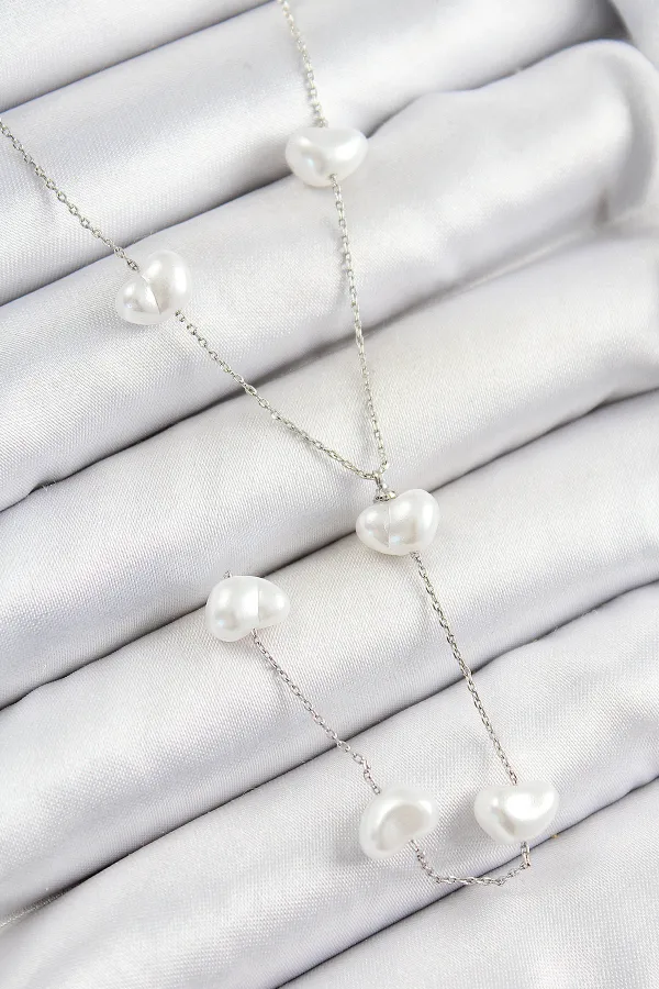 316L Çelik İncili Kalp Figürlü Y Model Gümüş Renk Kadın Kolye