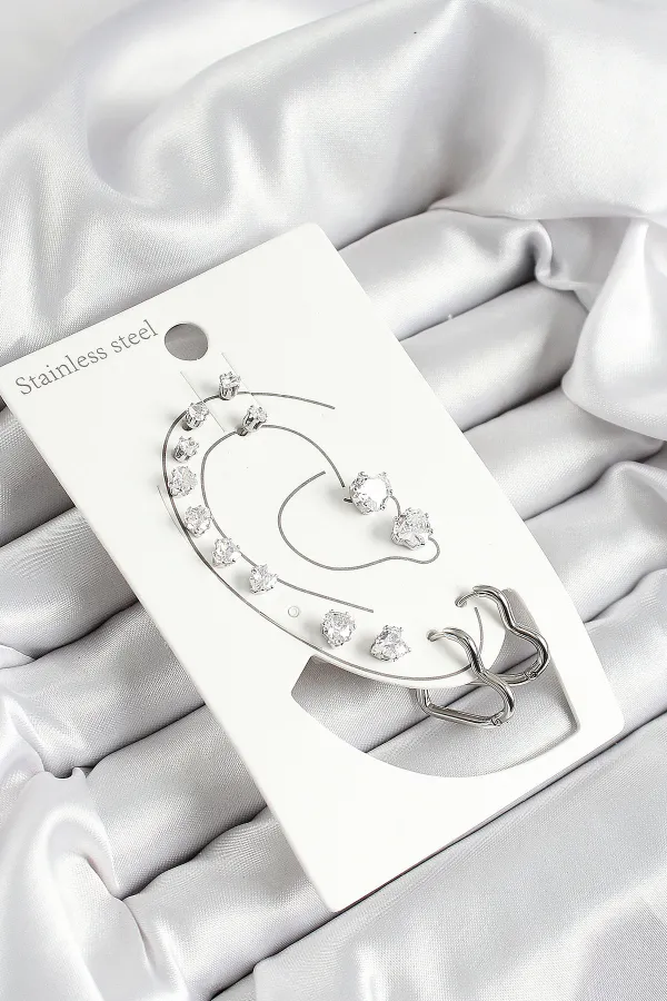 316L Çelik Kalp Figürlü Ve Zirkon Taşlı Gümüş Renk 7'li Çift Kadın Küpe Set