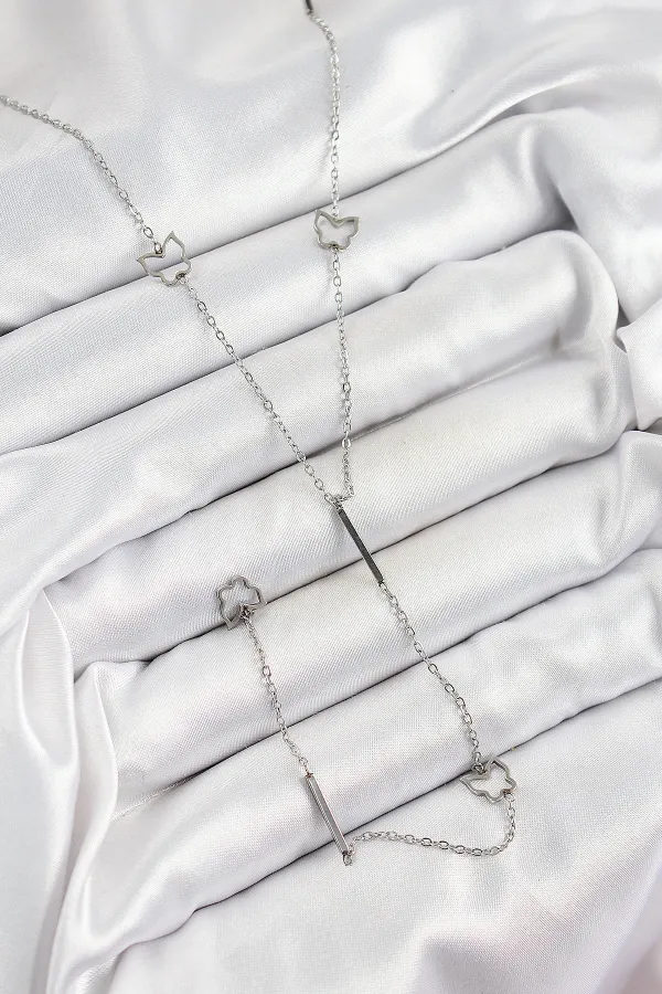 316L Çelik Kelebek Figürlü Y Model Gümüş Renk Kadın Kolye