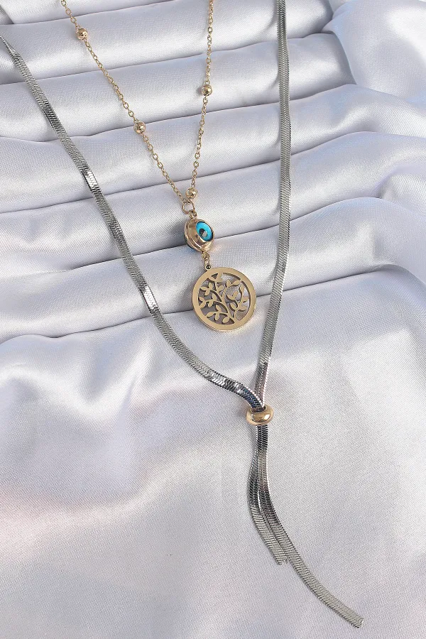 316L Çelik Mix Renk Filiz Figür Nazar Boncuk Detay Uzun Kadın Kolye