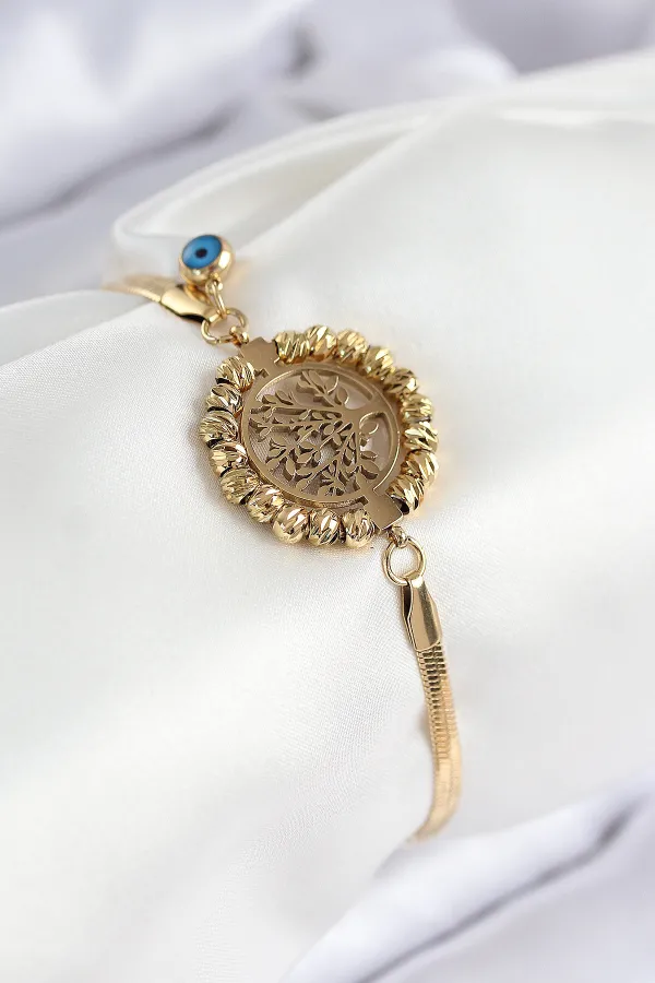 316L Çelik Nazar Boncuk Detaylı Hayat Ağacı Model İtalyan Zincir Gold Renk Kadın Bileklik