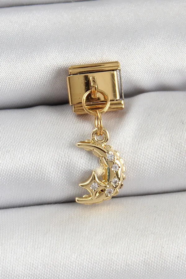 316L Çelik Sallantılı Zirkon Taşlı Ay Model Gold Renk Nomination Charm
