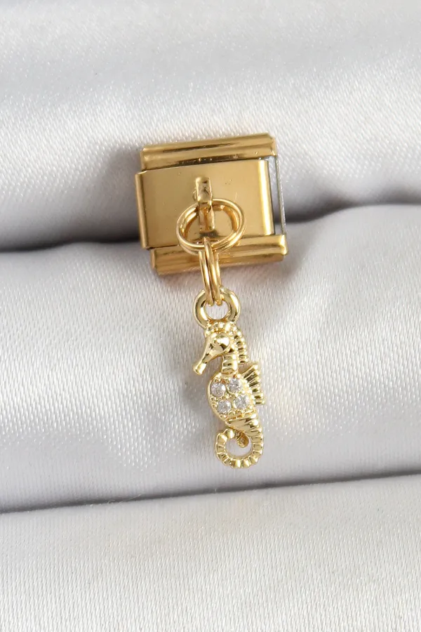 316L Çelik Sallantılı Zirkon Taşlı Çiçek Model Gold Renk Nomination Charm