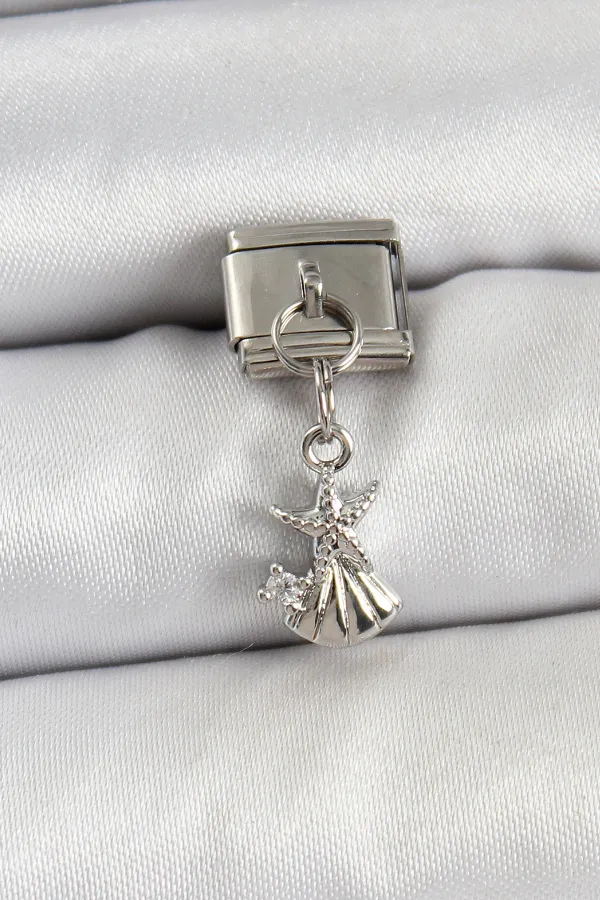 316L Çelik Sallantılı Zirkon Taşlı Deniz Yıldızı Ve İstiridye Model Gümüş Renk Nomination Charm