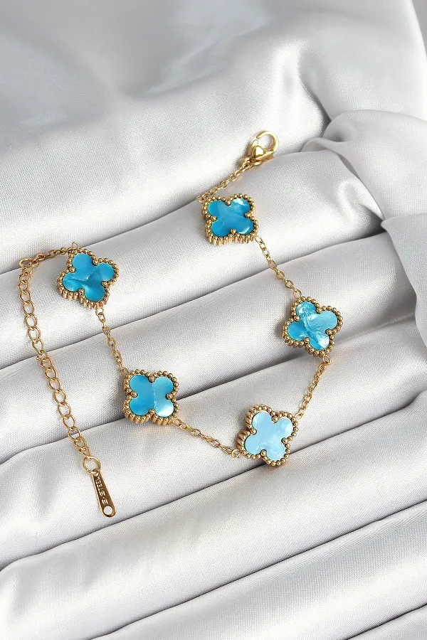 316L Çelik Sedefli Gökyüzü Mavisi Gold Renk Yonca Kadın Bileklik