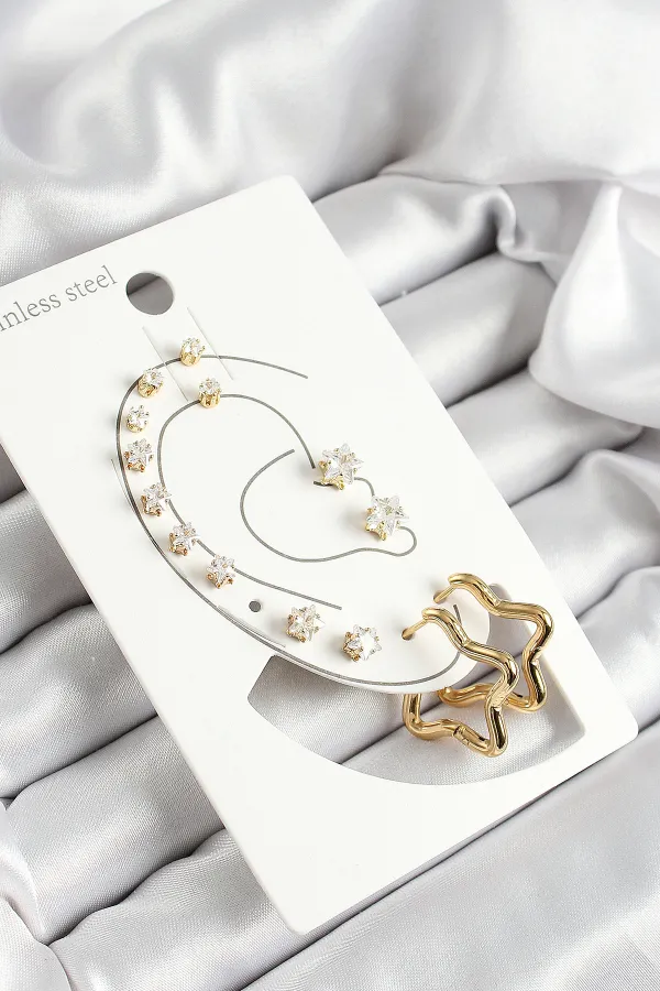 316L Çelik Yıldız Figürlü Ve Zirkon Taşlı Gold Renk 7'li Çift Kadın Küpe Set
