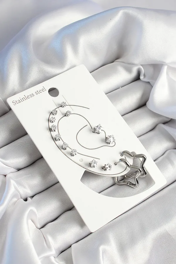 316L Çelik Yıldız Figürlü Ve Zirkon Taşlı Gümüş Renk 7'li Çift Kadın Küpe Set