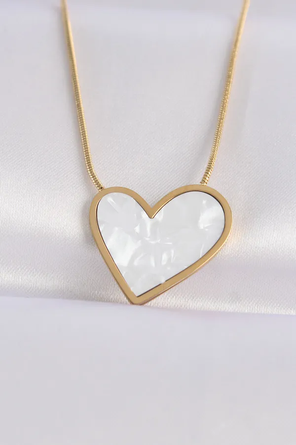 316L Çelik Zincir Altın Renk Mermer Desenli Kalp Kolye