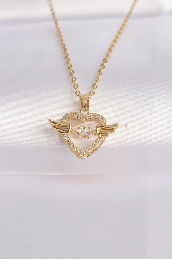 316L Çelik Zincir Altın Renk Zirkon Taşlı Kanatlı Kalp Kolye