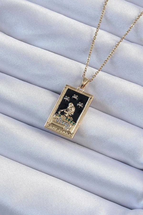 316L Çelik Zincir Altın Renk Zirkon Taşlı Siyah Mineli Kız Figürlü Tarot Kolye