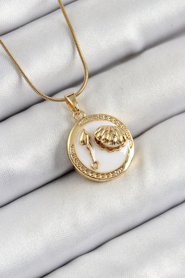 316L Çelik Zincir Beyaz Mineli Sanatsal Portre İstiridye Model Gold Renk Kadın Kolye