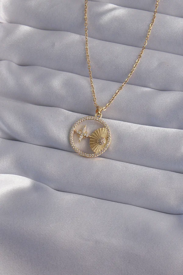 316L Çelik Zincir Gold Renk Zirkon Taşlı Yıldız Figürlü Oval Kolye