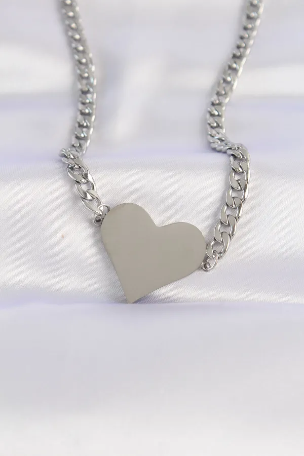 316L Çelik Zincir Gümüş Renk Düz Plaka Kalp Kolye