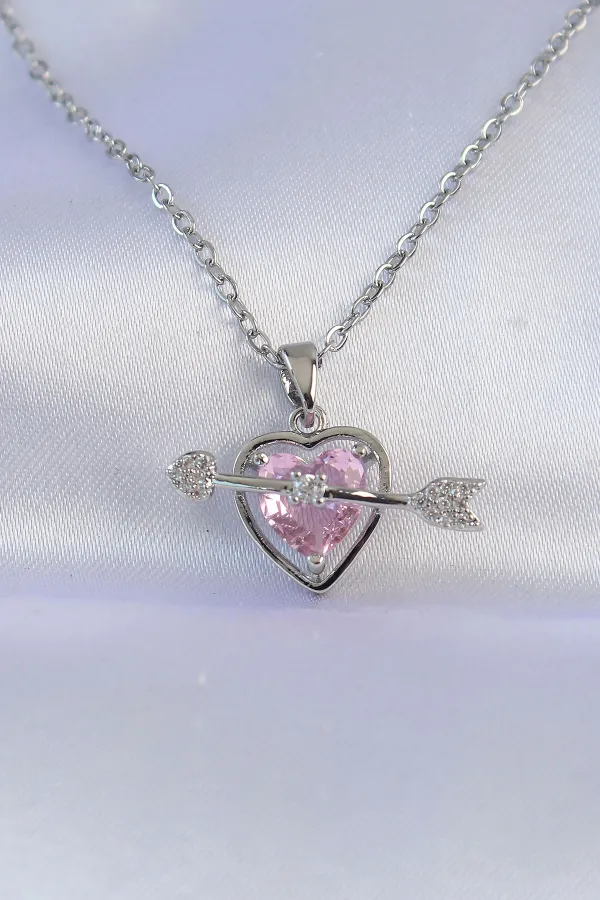 316L Çelik Zincir Gümüş Renk Pembe Zirkon Taşlı Eros Kolye