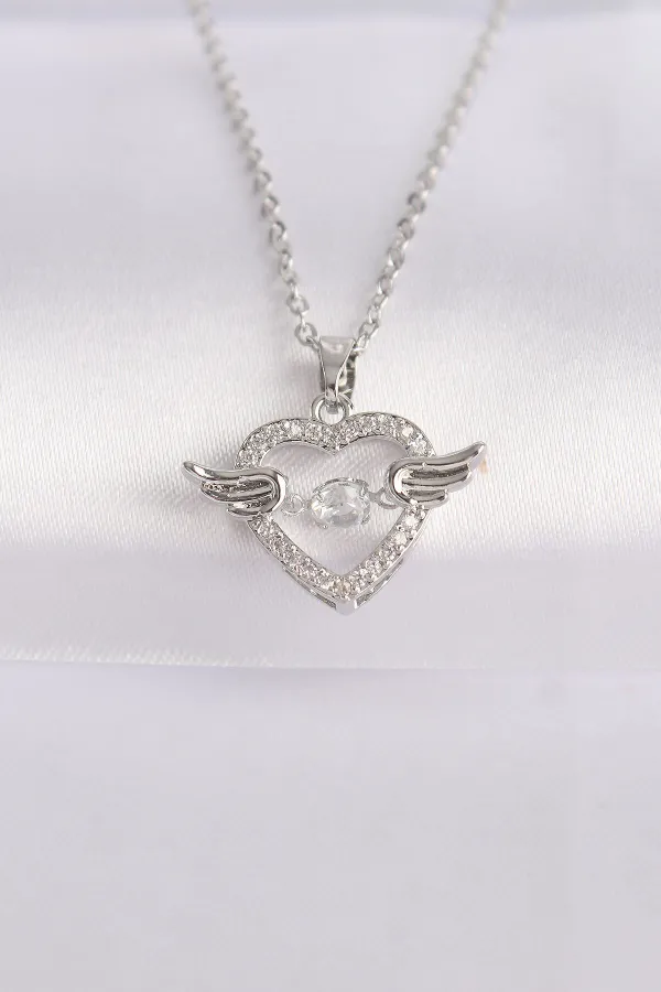 316L Çelik Zincir Gümüş Renk Zirkon Taşlı Kanatlı Kalp Kolye