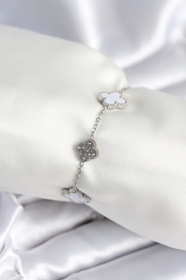 316L Çelik Zincir Gümüş Renk Zirkon Taşlı Yonca Beyaz Kadın Bileklik