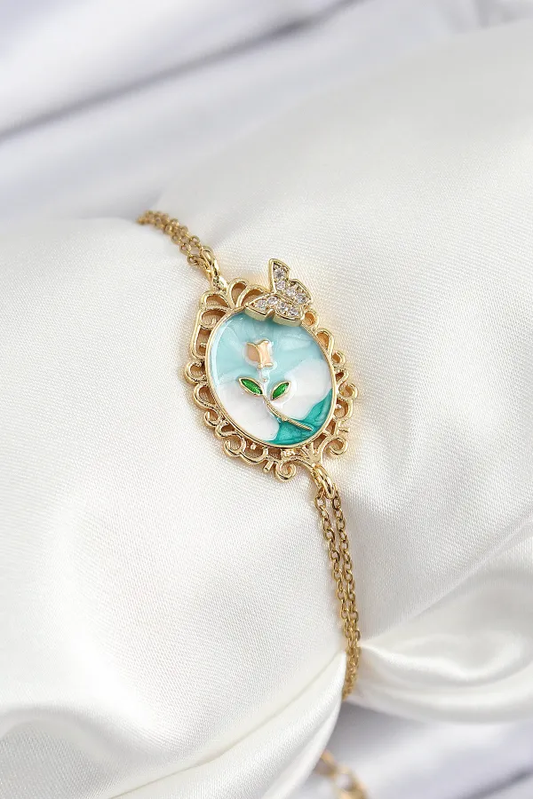 316L Çelik Zincir Mineli Sanatsal Portre Zirkon Taşlı Kelebek Detaylı Çiçek Model Gold Renk Kadın