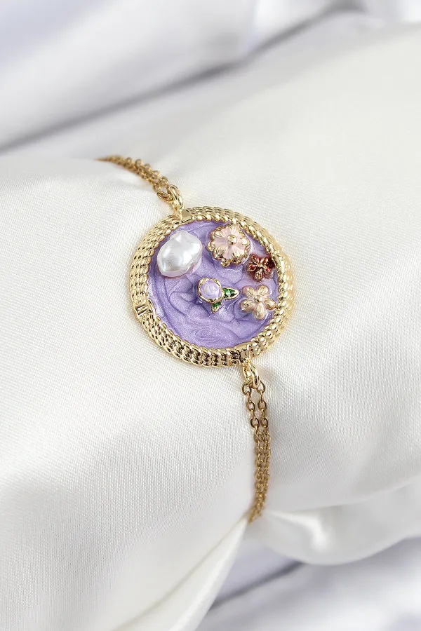 316L Çelik Zincir Mor Mineli Sanatsal Portre İnci Detaylı Çiçek Model Gold Renk Kadın Bileklik