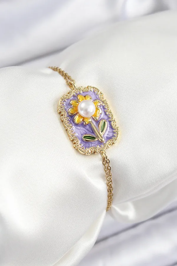 316L Çelik Zincir Mor Mineli Sanatsal Portre İnci Detaylı Papatya Model Gold Renk Kadın Bileklik