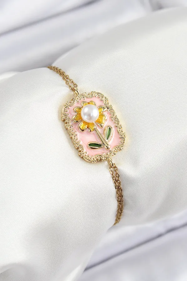 316L Çelik Zincir Pembe Mineli Sanatsal Portre İnci Detaylı Papatya Model Gold Renk Kadın Bileklik