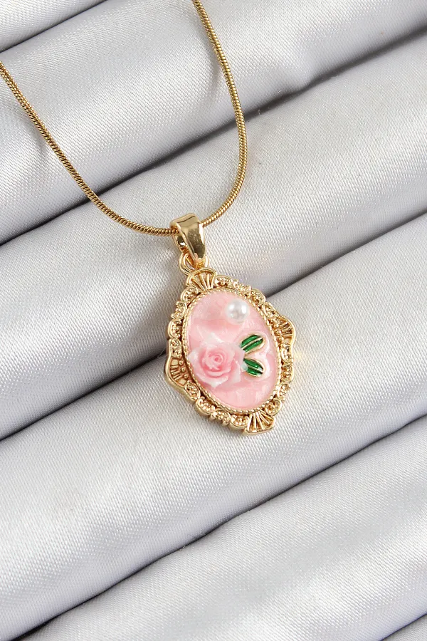 316L Çelik Zincir Pembe Sanatsal Portre İnci Detaylı Gül Figürlü Model Gold Renk Kadın Kolye