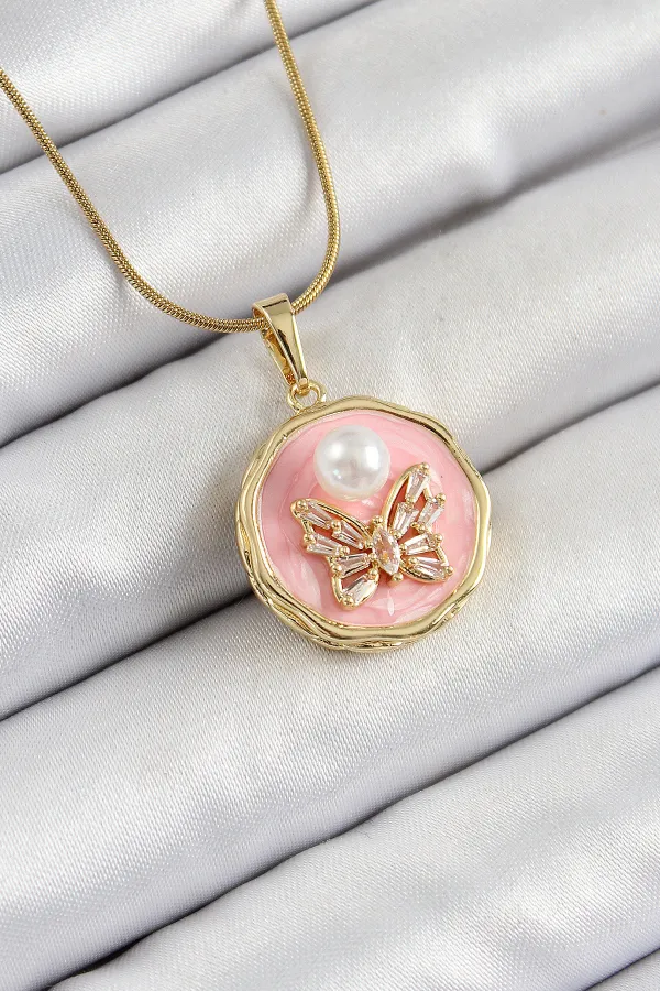 316L Çelik Zincir Zirkon Taşlı Pembe Sanatsal Portre İnci Detaylı Kelebek Model Gold Renk Kadın