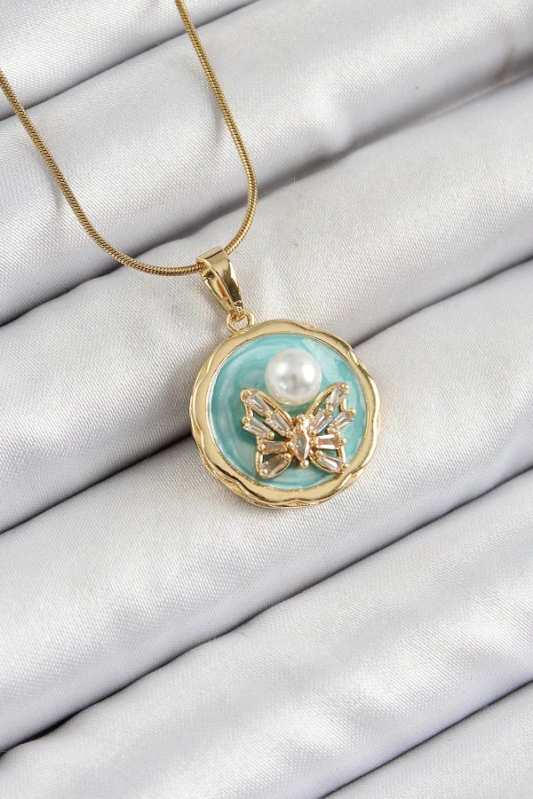 316L Çelik Zincir Zirkon Taşlı Turkuaz Sanatsal Portre İnci Detaylı Kelebek Model Gold Renk Kadın