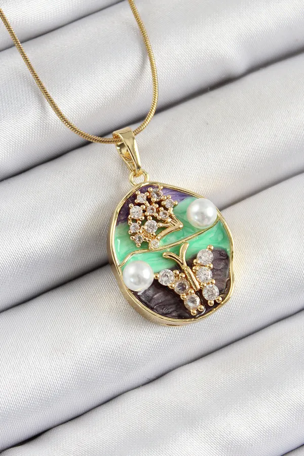 316L Çelik Zincir Zirkon Taşlı Yeşil Mor Sanatsal Portre İnci Detaylı Ağaç Ve Kelebek Figürlü Model