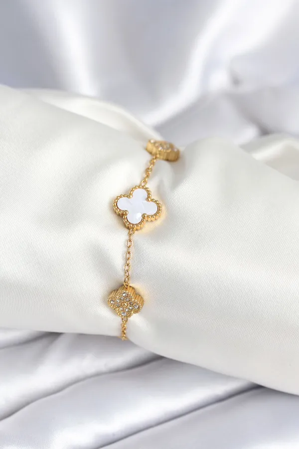 316L Çelik Zincir Zirkon Taşlı Yonca Beyaz Kadın Bileklik