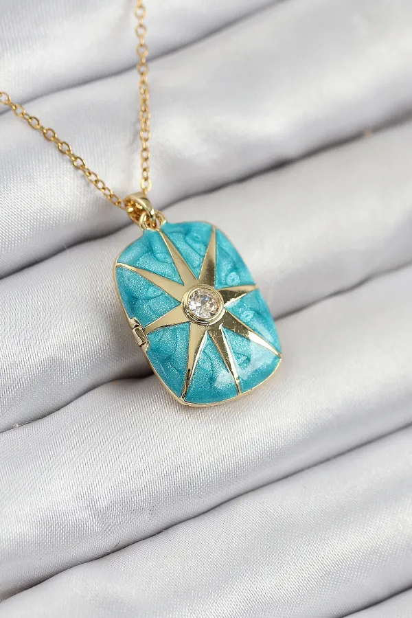 316L Çelik Zirkon Taşlı Açılabilr Kapaklı Kutup Yıldzı Model Gold Renk Kadın Kolye