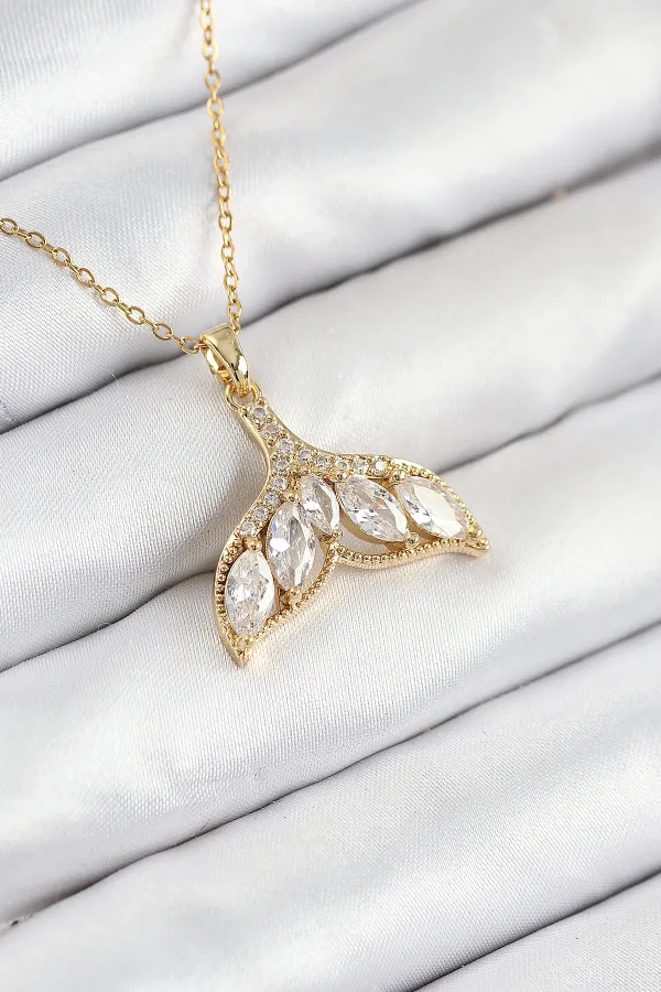316L Çelik Zirkon Taşlı Balık Kuyruğu Model Gold Renk Kadın Kolye