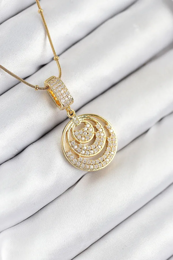 316L Çelik Zirkon Taşlı Çember Model Gold Renk Kadın Kolye