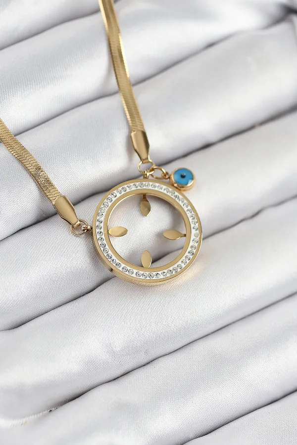 316L Çelik Zirkon Taşlı Çeyrek Takılabilir Gold Renk Kadın Kolye