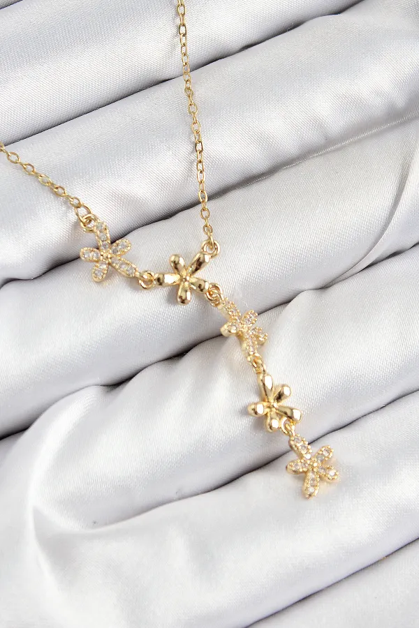 316L Çelik Zirkon Taşlı Çiçek Model Gold Renk Kadın Kolye