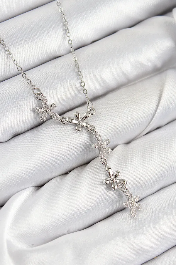 316L Çelik Zirkon Taşlı Çiçek Model Gümüş Renk Kadın Kolye