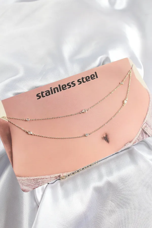 316L Çelik Zirkon Taşlı Damla Model Gold Renk Göbek Zinciri