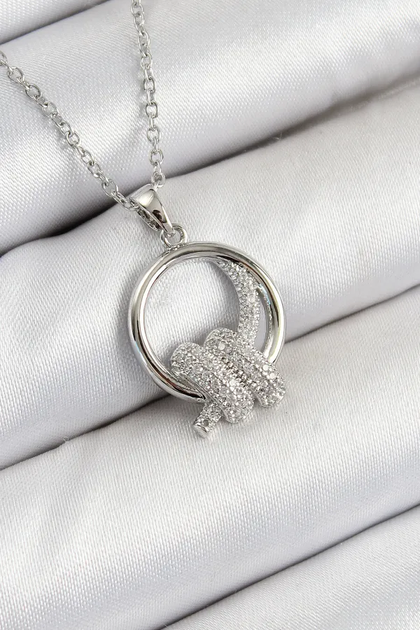 316L Çelik Zirkon Taşlı Düğüm Model Gümüş Renk Kadın Kolye