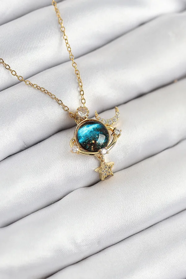 316L Çelik Zirkon Taşlı Gezegen Model Gold Renk Kadın Kolye