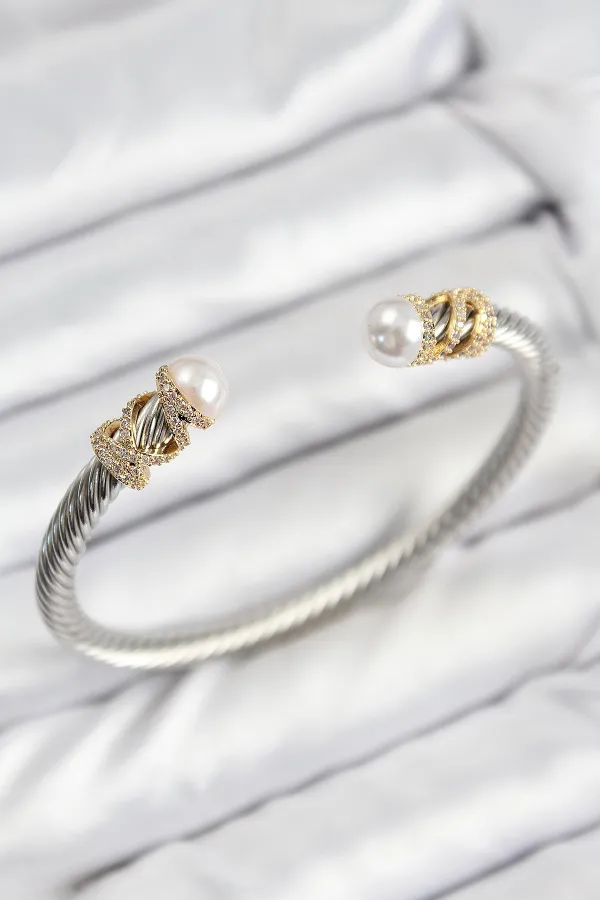316L Çelik Zirkon Taşlı İnci Model Gold Ve Gümüş Renk Kadın Bileklik
