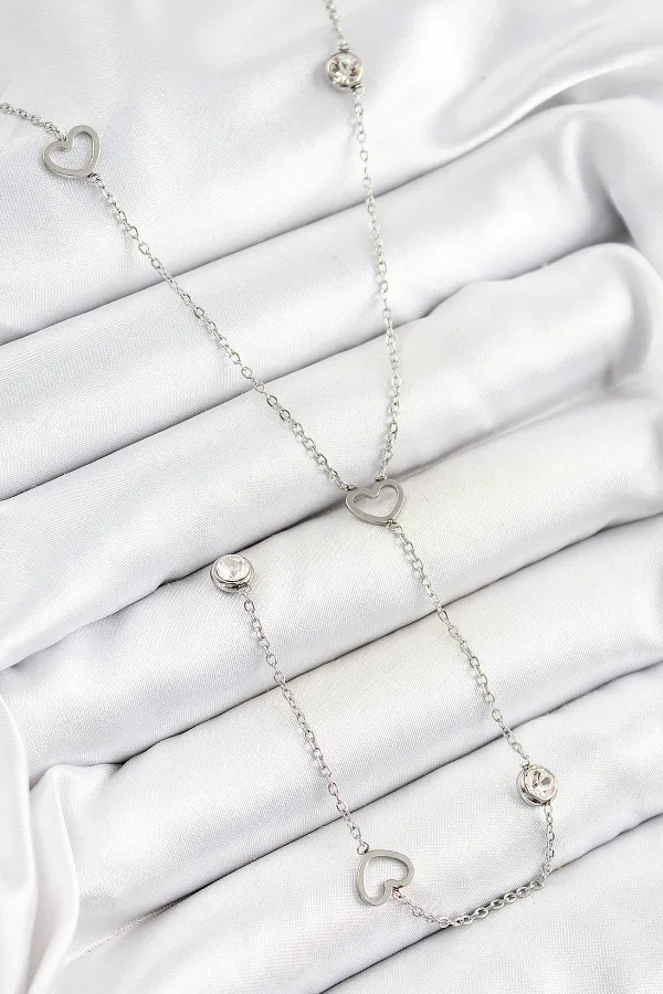 316L Çelik Zirkon Taşlı Kalp Figürlü Y Model Gümüş Renk Kadın Kolye