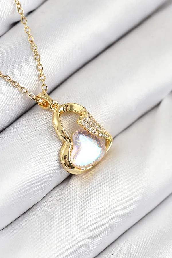 316L Çelik Zirkon Taşlı Kalp Model Gold Renk Kadın Kolye