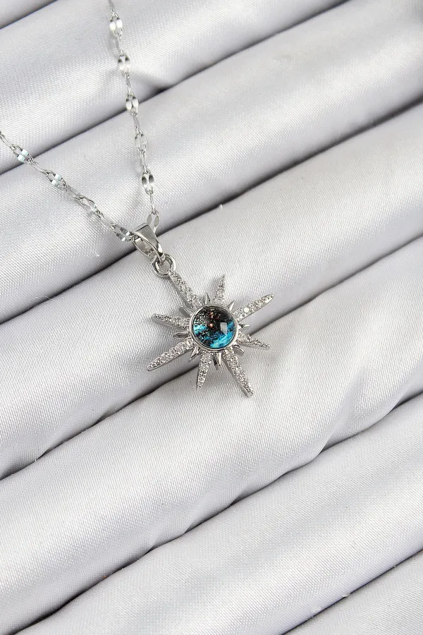 316L Çelik Zirkon Taşlı Kutup Yıldızı Model Gümüş Renk Kadın Kolye