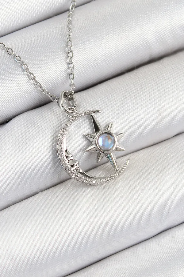 316L Çelik Zirkon Taşlı Kutup Yıldızlı Hilal Model Gümüş Renk Kadın Kolye