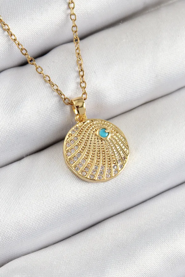 316L Çelik Zirkon Taşlı Madalyon Model Gold Renk Kadın Kolye