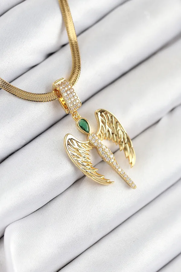 316L Çelik Zirkon Taşlı Melek Model Gold Renk Kadın Kolye