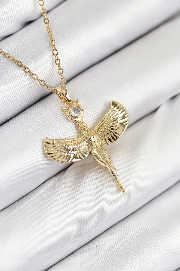316L Çelik Zirkon Taşlı Melek Model Gold Renk Kadın Kolye