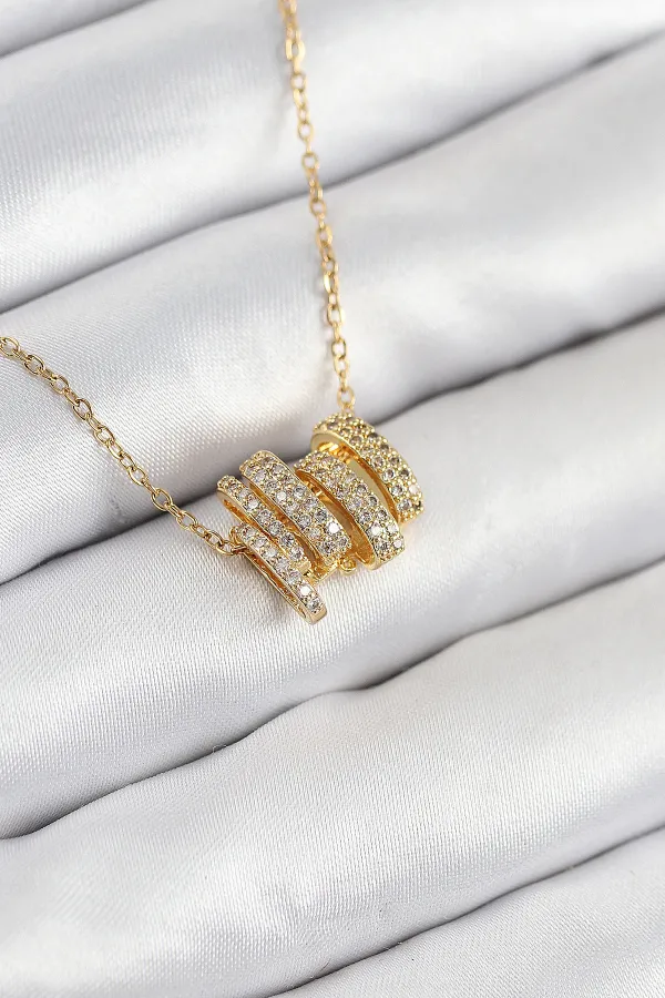 316L Çelik Zirkon Taşlı Sarmal Model Gold Renk Kadın Kolye
