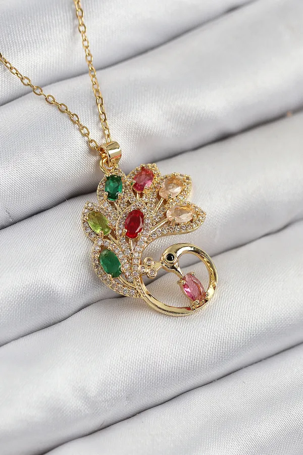 316L Çelik Zirkon Taşlı Tavus Kuşu Model Gold Renk Kadın Kolye