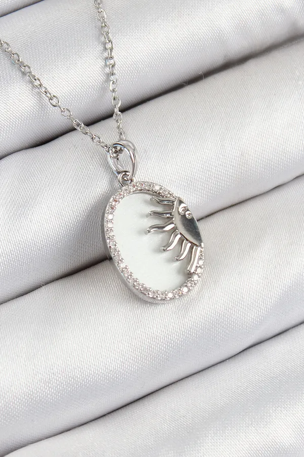 316L Çelik Zirkon Taşlı Yarım Güneş Model Gümüş Renk Kadın Kolye