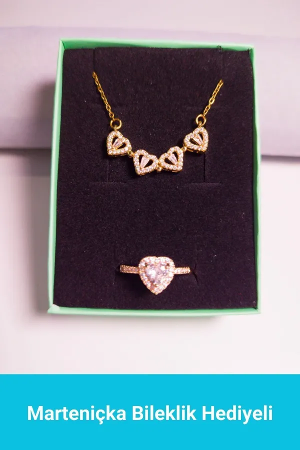 4 Kalpli Açılır Kolye Zirkon Taşlı Yüzük Set | 316l Çelik - Kararmaz | Hediye Kadın